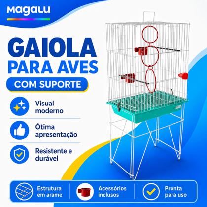 Imagem de Gaiola Viveiro para Aves com Suporte e Acessórios Inclusos - Em Arame, Bandeja Removível