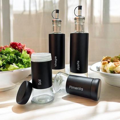 Imagem de Galheteiro Porta Temperos Condimento 4 Peças Bico Dosador Preto Inox Vidro Azeite Vinagre Temperar Alimentos