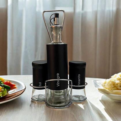 Imagem de Galheteiro Porta Temperos Condimento 4 Peças Bico Dosador Preto Inox Vidro Azeite Vinagre Temperar Alimentos