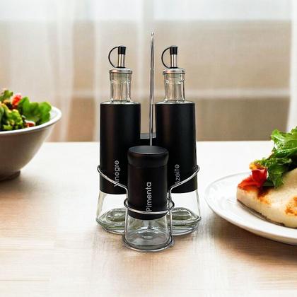 Imagem de Galheteiro Porta Temperos Condimento 4 Peças Bico Dosador Preto Inox Vidro Azeite Vinagre Temperar Alimentos