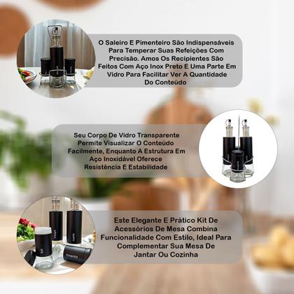 Imagem de Galheteiro Porta Temperos Condimento 4 Peças Bico Dosador Preto Inox Vidro Azeite Vinagre Temperar Alimentos