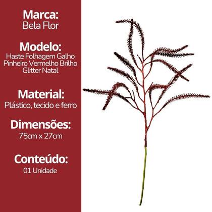 Imagem de Galho Decorativo Natal Pinheiro Glitter Vermelho Luxo 43cm - Bela Flor
