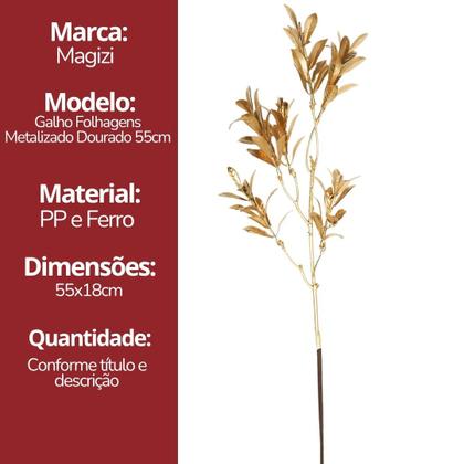 Imagem de Galho Decorativo Natalino Folhagens Douradas Metalizadas 55cm - Magizi