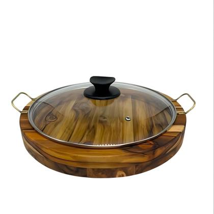 Imagem de Gamela Em Madeira Teca Com Alças para Churrasco Redonda com Tampa de Vidro - Le Requena