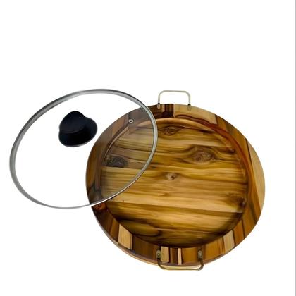 Imagem de Gamela Em Madeira Teca Com Alças para Churrasco Redonda com Tampa de Vidro - Le Requena