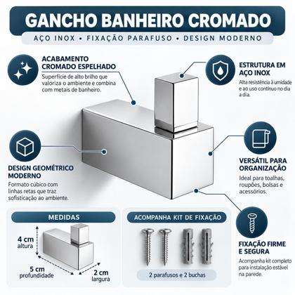 Imagem de Gancho Cabide para Banheiro Aço Inox Cromado com Kit de Fixação Linha Paris