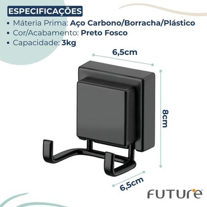 Imagem de Gancho De Parede Duplo Com Ventosa Sem Furo Preto Fosco Suporte Toalha Roupa