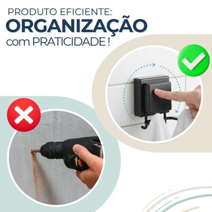 Imagem de Gancho De Parede Duplo Com Ventosa Sem Furo Preto Fosco Suporte Toalha Roupa