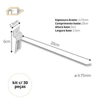 Imagem de Gancho Painel Canaletado 20cm Branco 30 Unid Direto Fábrica