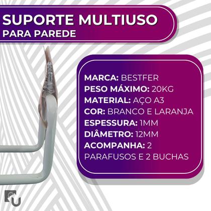 Imagem de Gancho Suporte De Aço Multiuso Para Parede para Bike Escada Mangueira - Peso Máximo 20kg - Bestfer