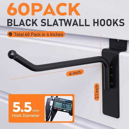 Imagem de Ganchos Slatwall, pacote com 60, 10 cm, aço preto pesado