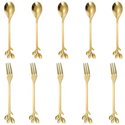 Imagem de Garfinho Garfo ou Colherzinha Colher para Bolo Chá Cafe Petiscos com Cabo de Folhagem 20 pcs