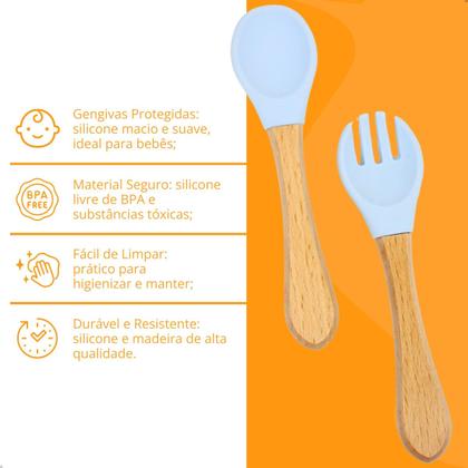 Imagem de Garfo Colher Silicone Bambu Infantil Seguro Alimentação Bebê