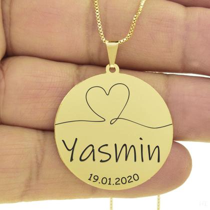 Imagem de Gargantilha Pingente Redondo Personalizado Coração Nome Yasmin Banhado Ouro 18K - 999007482