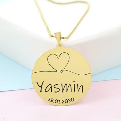 Imagem de Gargantilha Pingente Redondo Personalizado Coração Nome Yasmin Banhado Ouro 18K - 999007482