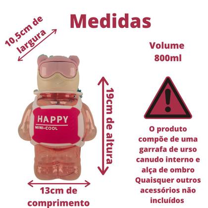 Imagem de Garrafa Água Urso Transparente Canudo Infantil Squeeze 800ml