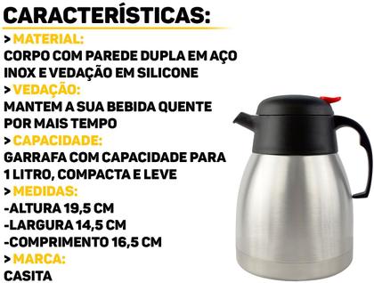 Imagem de Garrafa Bule Térmico 1 Litro Café Chá Quente Frio Parede Dupla Aço Inox Com Bico Antigotas