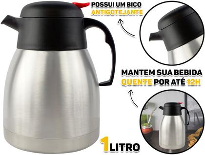 Imagem de Garrafa Bule Térmico 1 Litro Café Chá Quente Frio Parede Dupla Aço Inox Com Bico Antigotas