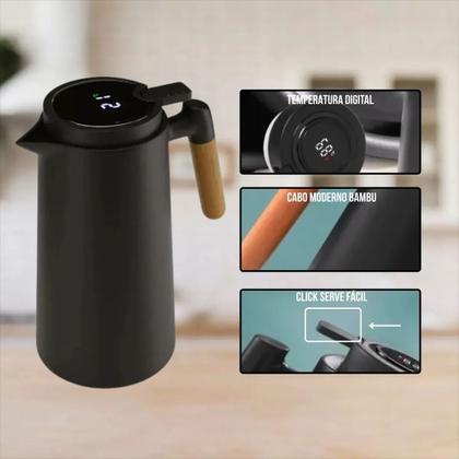 Imagem de Garrafa Cafe Térmica Com Termômetro Digital Cabo Madeira 1l