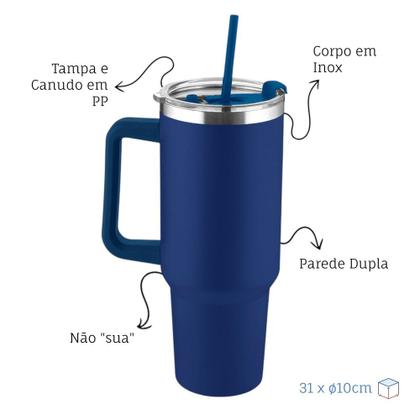 Imagem de Garrafa Canecão em Inox Parede Dupla 1300ml com Alça e Canudo Azul