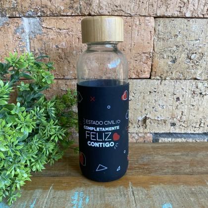 Imagem de Garrafa de Vidro com Tampa Madeira 450ml Feliz Contigo
