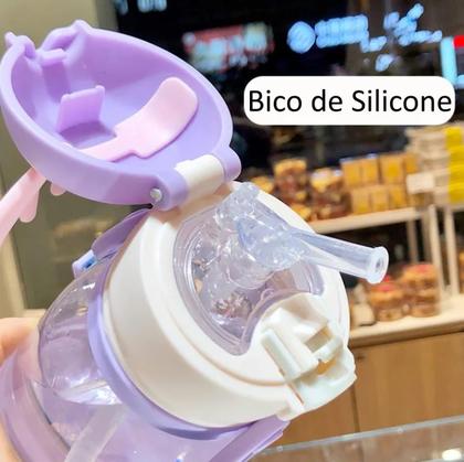 Imagem de Garrafa Infantil Com Canudo Bico Silicone Desenho Chifre Alce Alça Tampa Antivazamento Escolar