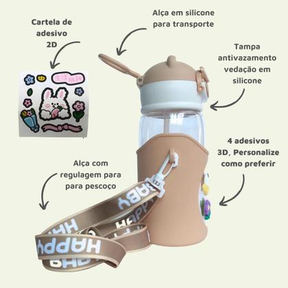 Imagem de Garrafa Infantil Garrafinha Squeeze Canudo Silicone Retrátil Antivazamento Com Alça Escolar Passeio