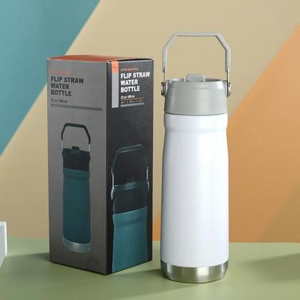 Imagem de Garrafa Térmica 650 ML Parede Dupla Em Inox e Bico Flip C/ Canudo