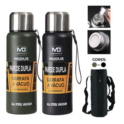 Imagem de Garrafa Térmica Água Café Suco Aço Inox 1L ou 1,5L Com Bolsa de Transporte Academia Passeio Caminhada Camping Bebida Quente Gelada