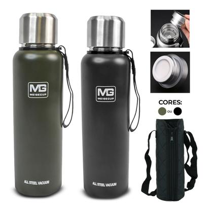 Imagem de Garrafa Térmica Água Café Suco Para Academia Passeio Caminhada Camping Aço Inox 1L ou 1,5L Com Bolsa de Transporte Bebida Quente Gelada