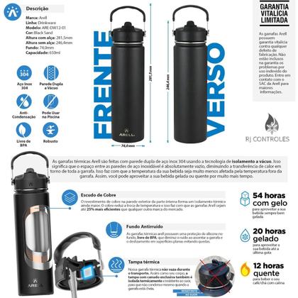 Imagem de Garrafa Térmica Arell Straw Flask 650ml com Kit Protetor RJC