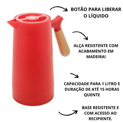 Imagem de Garrafa Térmica Cabo Madeira Para Café Leite Chá 1litro