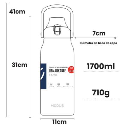 Imagem de Garrafa Térmica de Água 1700ml Aço Inoxidável com Canudo Portátil Café Suco Academia Passeio Camping Caminhada