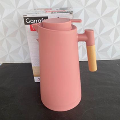 Imagem de Garrafa térmica de café rosa 1 litro barata com cabo de bambu para cozinha cantinho do café