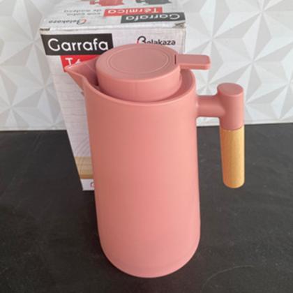 Imagem de Garrafa térmica de café rosa 1 litro barata com cabo de bambu para cozinha cantinho do café