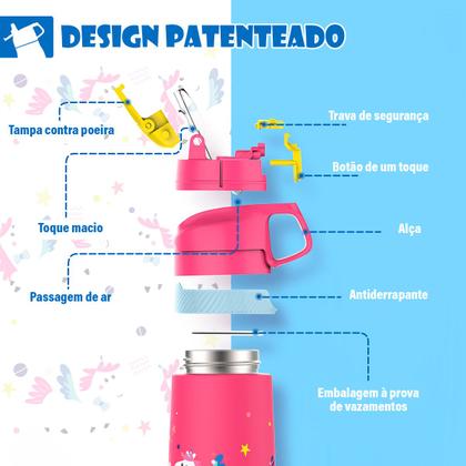 Imagem de Garrafa Térmica Infantil Água Suco Leite com Canudo Alça 350ml Parede Dupla para Bebê Criança Aço Inox Rosa ou Branco Passeio Escola