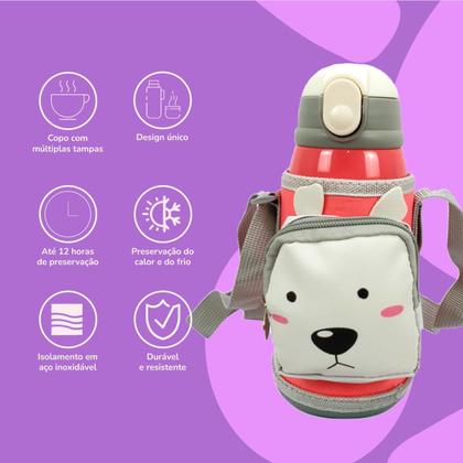 Imagem de Garrafa térmica infantil Bebê escola parede dupla inox 550ML 2em1 +Suporte