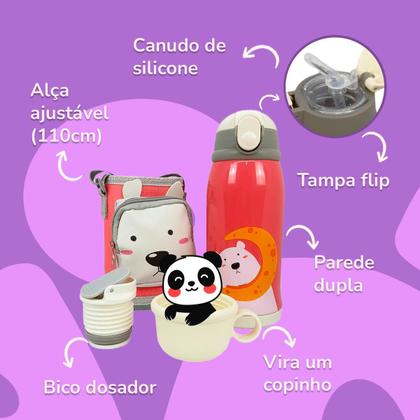Imagem de Garrafa térmica infantil Bebê escola parede dupla inox 550ML 2em1 +Suporte