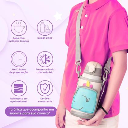 Imagem de Garrafa térmica infantil Bebê escola parede dupla inox 550ML 2em1 +Suporte