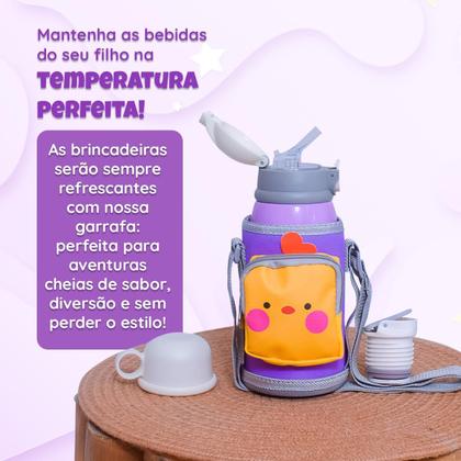 Imagem de Garrafa térmica infantil Bebê escola parede dupla inox 550ML 2em1 +Suporte