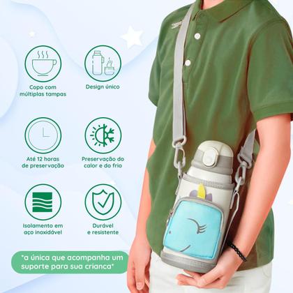 Imagem de Garrafa térmica infantil Bebê escola parede dupla inox 550ML 2em1 +Suporte