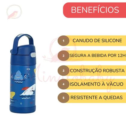 Imagem de Garrafa Térmica Infantil Canudo Com Alça Thermos Tubarão Inox 355ml