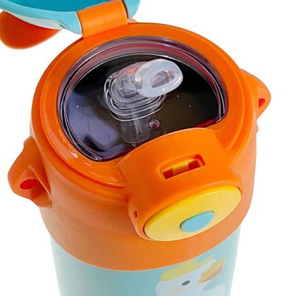 Imagem de Garrafa Térmica Infantil Com Canudo E Alça 550ml Garrafinha Squeeze Escolar Quente Frio Aço Inox