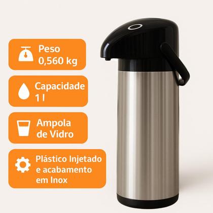 Imagem de Garrafa Térmica Inox 1 Litro com sistema de Pressão e Alça Verona Unitermi Café Chá Água