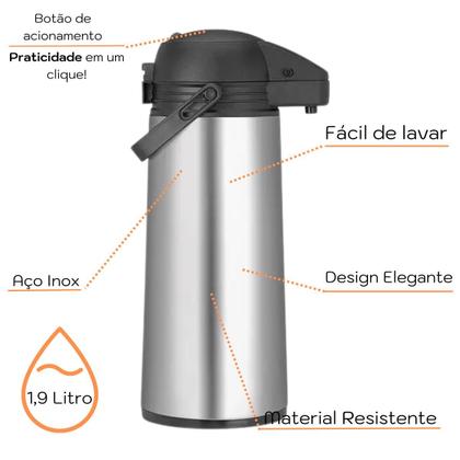 Imagem de Garrafa Térmica Inox 1,9l Café Chá Restaurante Hotel Empresa Buffet Resistente