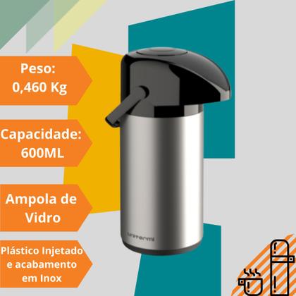 Imagem de Garrafa Térmica Inox 600ML Verona Pressão Unitermi Garrafa Pequena Café Chá