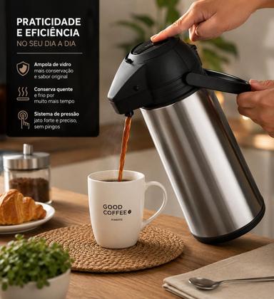 Imagem de Garrafa Térmica Inox de Pressão Good Coffee Ponente 1 Litro com Ampola de Vidro Conservação Térmica para Café Chá e Bebidas Quentes ou Frias