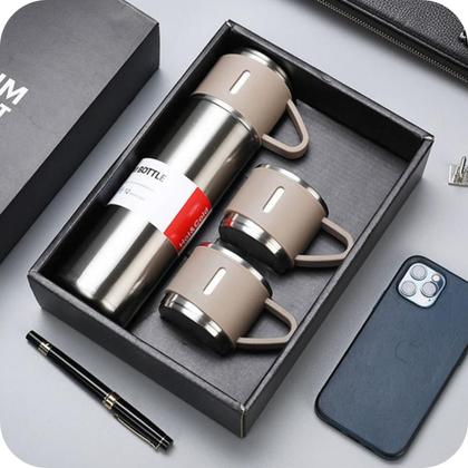 Imagem de Garrafa Térmica Inox Deluxe 500ml com 3 Mini Copos Inox  Mantém a Temperatura Ideal por mais Tempo