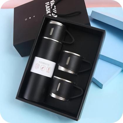 Imagem de Garrafa Térmica Inox Deluxe 500ml com 3 Mini Copos Inox  Mantém a Temperatura Ideal por mais Tempo