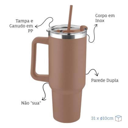 Imagem de Garrafa Térmica Inox Dupla Parede 1300ml com Alça e Canudo Marrom